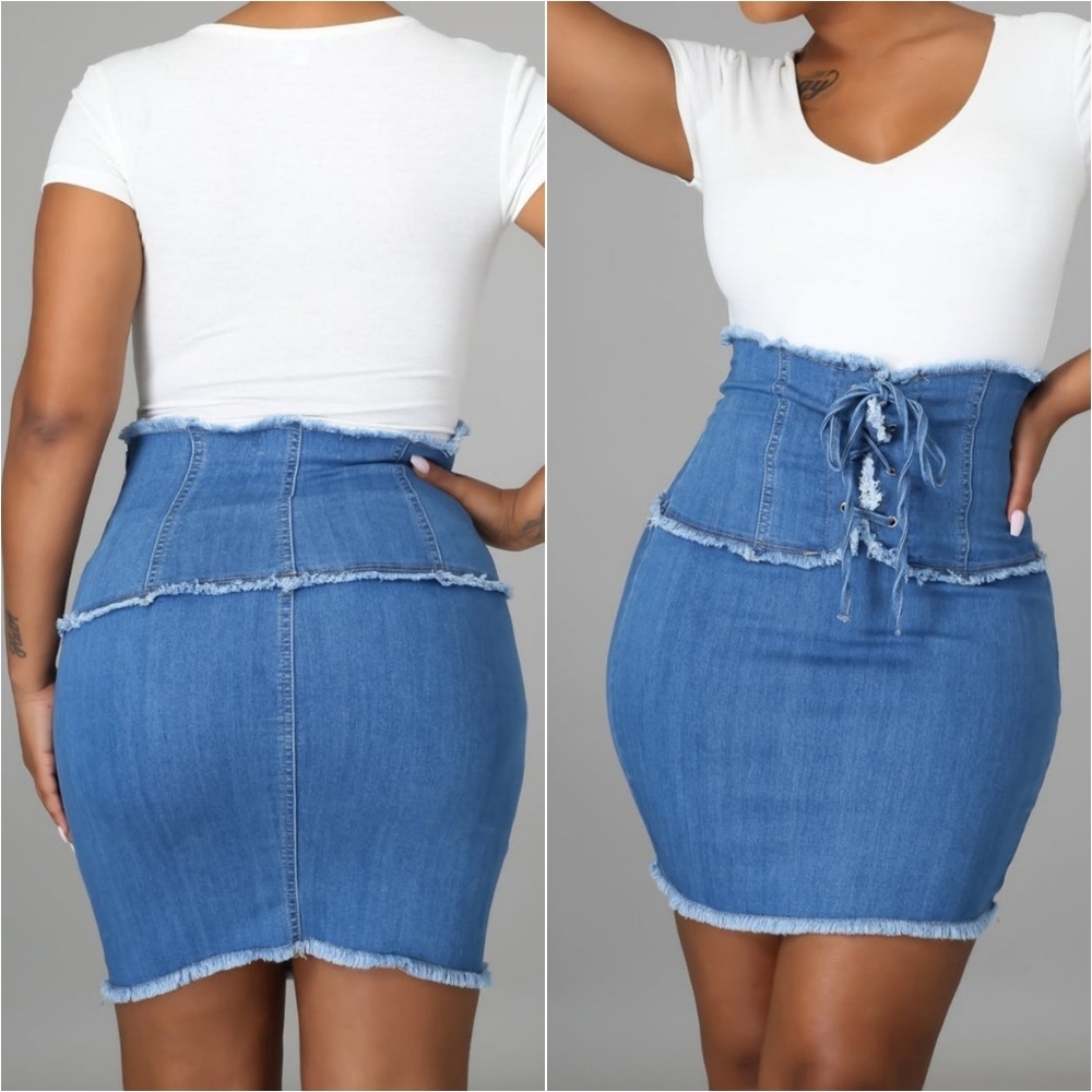 Lace Up Stretch Denim Skirt